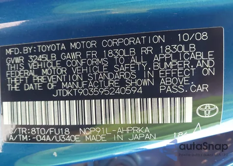 2009 Toyota Yaris из США, поврежденный, VIN JTDKT903595240594